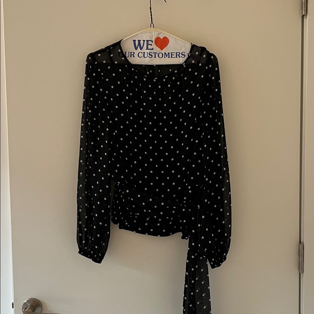 White House Black Market Black Polka Dot Blouse with tie at waist